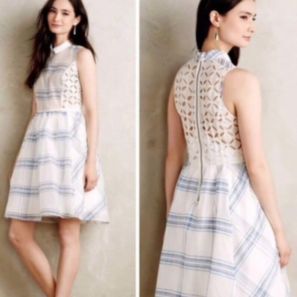 Anthropologie Moulinette Souers Seapane Dress White Blue Eyelet Detail Sz 6